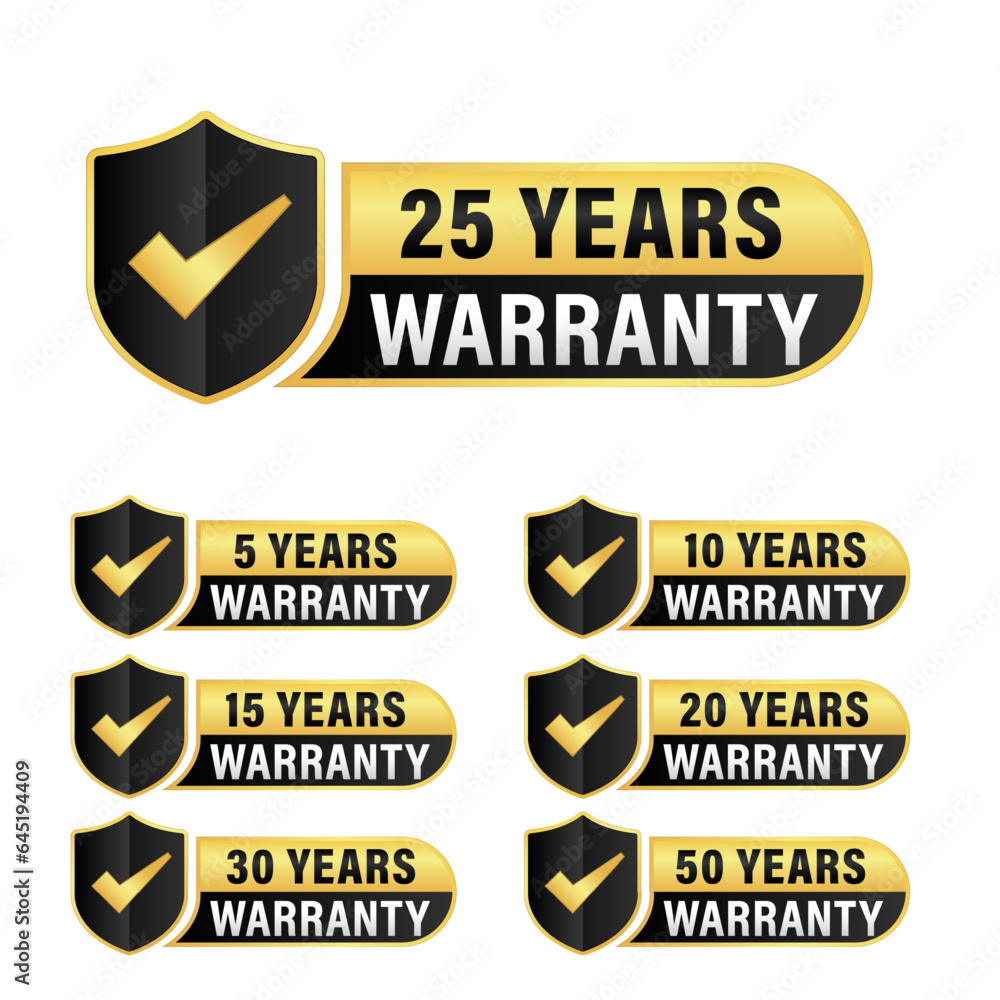 Collection of warranty number 5, 10, 15, 20, 25, 30, 50 year label badge gold and black style