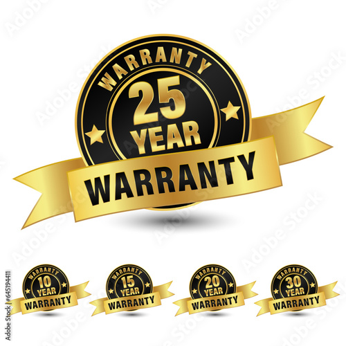 Collection of warranty number 10, 15, 20, 25, 30 year label badge gold and black style, Set of warranty logo design isolated on white background, Vector golden warranty and illustration.