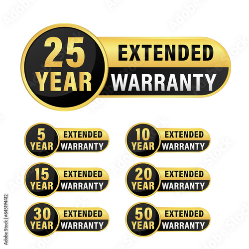 Collection of warranty number 5, 10, 15, 20, 25, 30, 50 year label badge gold and black style, Set of warranty logo design isolated on white background, Vector golden warranty and illustration.