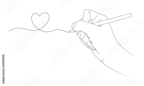 Hand holding a pencil and drawing one heart with a continuous hand line. Vector Illustration.