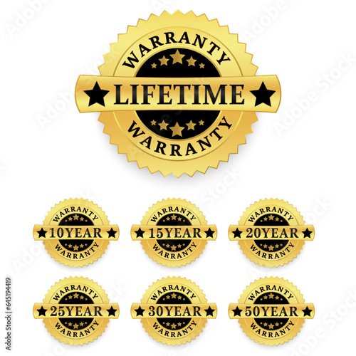 Collection of warranty number 10, 15, 20, 25, 30, 50 year and lifetime label badge gold and black style, Set of warranty logo design isolated , Vector golden warranty and illustration.