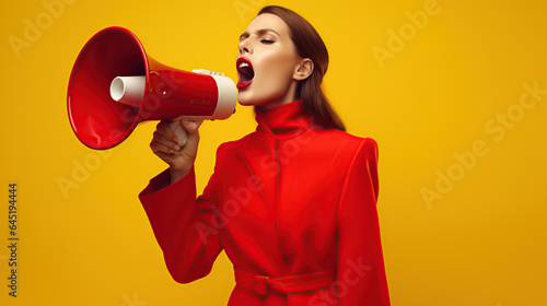 woman with megaphone isolated on yellow background 