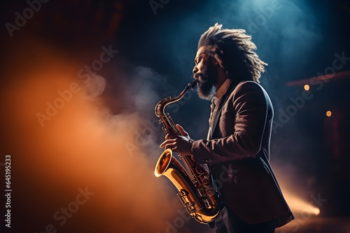 A saxophonist blowing the saxophone and creating a jazz tune