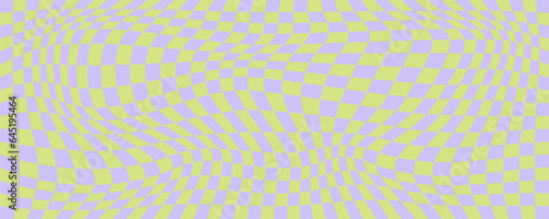 Checkerboard pattern. Purple and green psychedelic wavy background. Abstract grid warp texture. Y2k chessboard rave geometric design. Vector illustration.