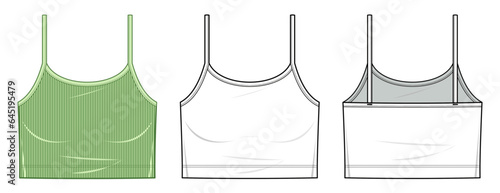 Strappy Camisole technical fashion illustration. Camisole top fashion flat technical drawing template, Round-Neck, Slim fit, Slip-on style, front, and back view, white, women, CAD mockup set. 