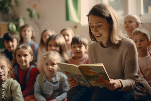 A teacher reading a storybook to a class of attentive students