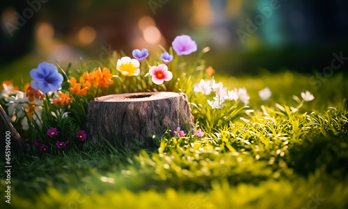 Beautiful various colorful flower and tree stump in lawn grass garden.nature and environment background.product podium photo