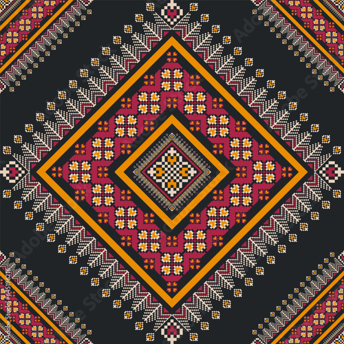 Ethnic embroidery geometric pattern. Vector geometric square floral stitch seamless pattern pixel art style. Ethnic geometric stitch pattern use for fabric, textile, home decoration elements, etc.