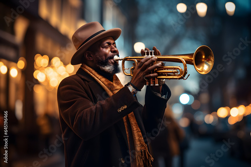 A trumpet player wearing a hat and playing a trumpet in a street