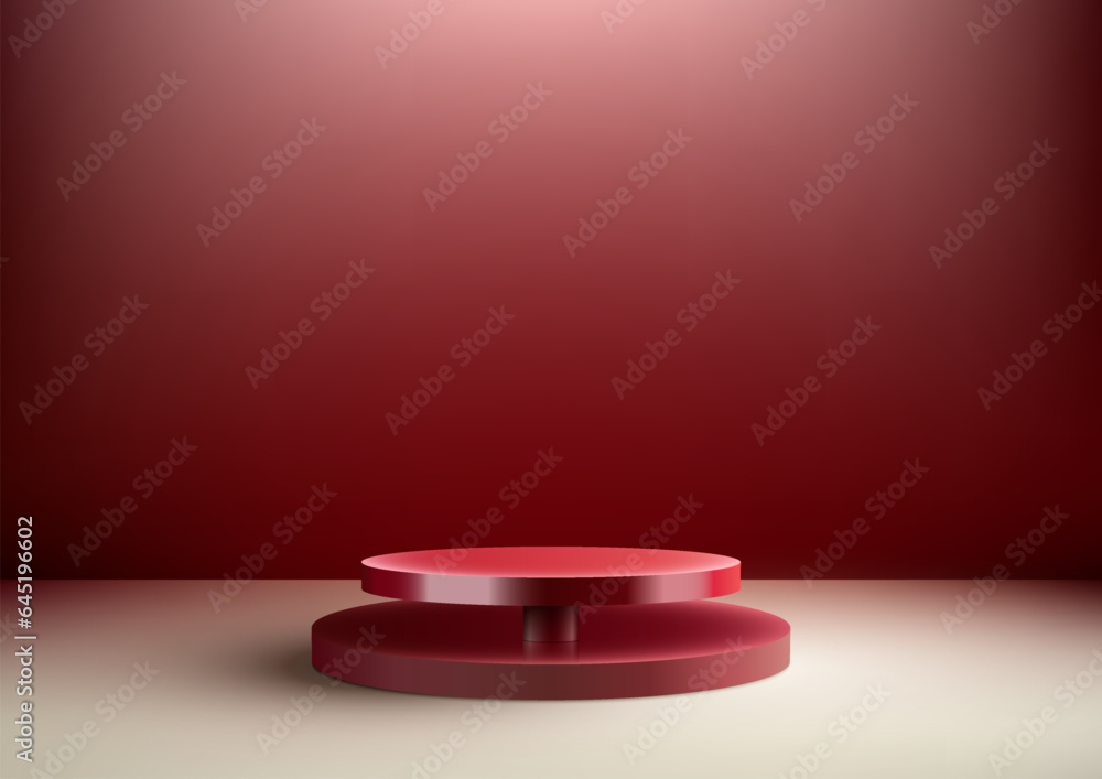 Fototapeta premium 3D Red Podium Stand on Beige Floor with Red Wall Background