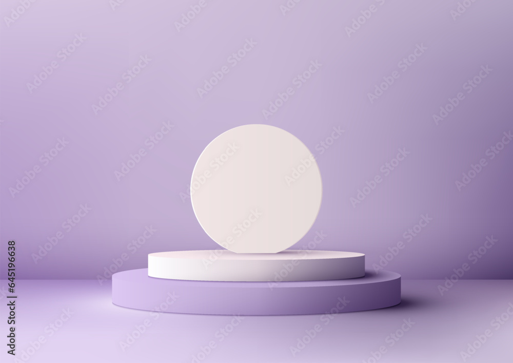 3D White and Purple Podium with White Circle Backdrop on Purple Background 3D White and Purple Podium with White Circle Backdrop on Purple Background