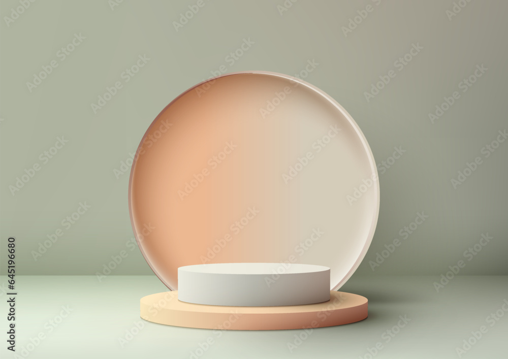 3D White Podium with Circles Backdrop on soft green background 3D White Podium with Circles Backdrop on soft green background