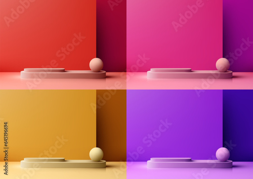 3D Vibrant Colors Podium Steps Stand and Decorative Ball. Vector Illustration