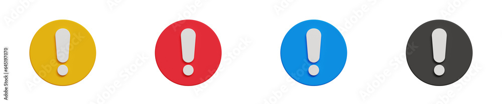 Set of 3d digital icons with exclamation mark. Hazard warning symbol. Warning icon in different colors. 3d illustration Set of 3d digital icons with exclamation mark. Hazard warning symbol. Warning icon in different colors. 3d illustration