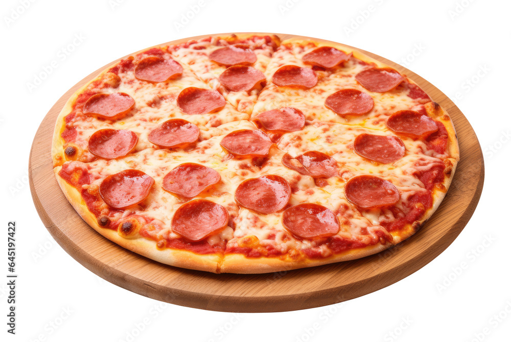 Pepperoni pizza on round wooden board isolated on transparent background