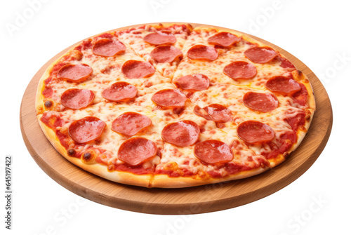 Pepperoni pizza on round wooden board isolated on transparent background