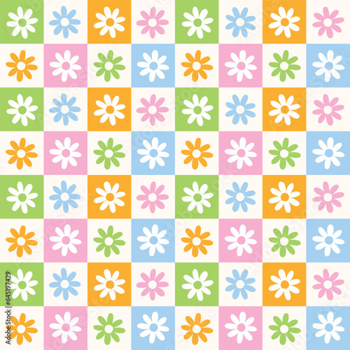 Cute Doodle Pink Orange Blue Green Flower Floral Check Checkered Pattern. Vintage Retro Groovy Style. Hand drawn Hand Drawing Cartoon. Color Colorful Pastel Seamless Pattern Spring Summer Background.