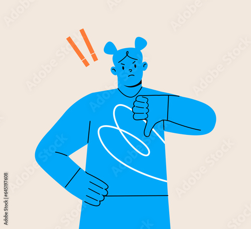 Young woman showing thumbs down sign. Disagree or failure gesture. Colorful vector illustration