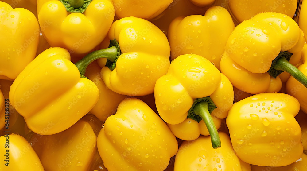 Fresh yellow bell peppers with water drops background. Vegetables backdrop. Generative AI