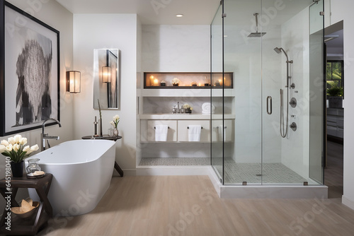 A bathroom with a freestanding soaking tub  glass-enclosed shower  and heated floors for ultimate comfort.