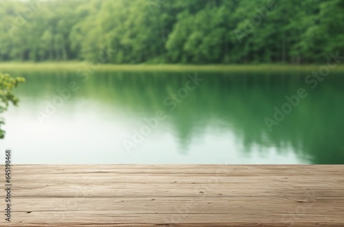 Empty Wooden Table with Summer Lakeside Forest Blur Background. Generative AI.