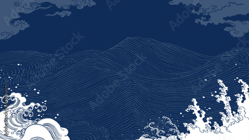 Fotografie, Obraz 紺色の和風波模様デザイン背景