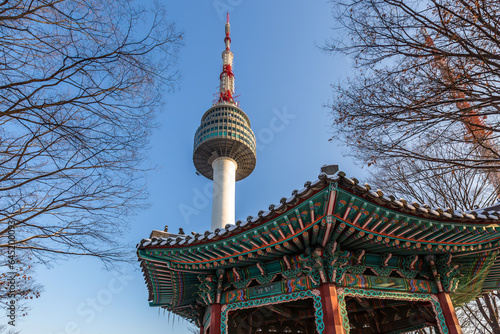 Seoul Tower with Korea pavilionin winter at Namsan mountain, Seoul, South Korea photo