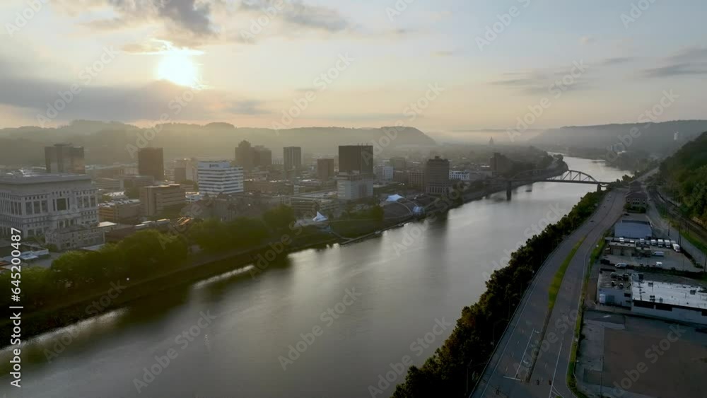 aerial tilt up charleston west virginia skyline at sunrise aerial tilt up charleston west virginia skyline at sunrise