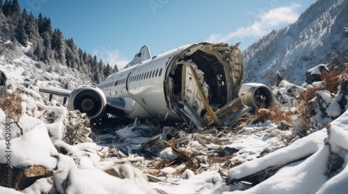 Airplane crashed in snowy mountains photo