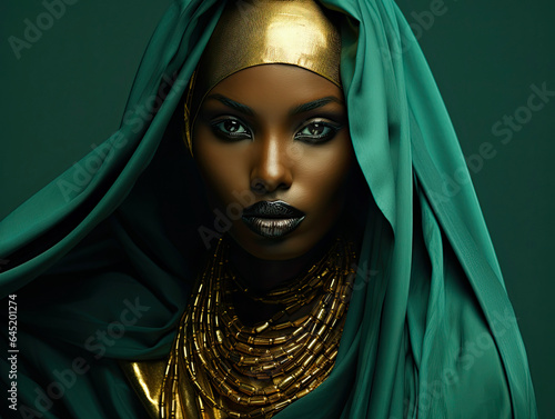 Fierce Sudanese Woman in Traditional Green and Gold Couture Ensemble Against Emerald Background photo