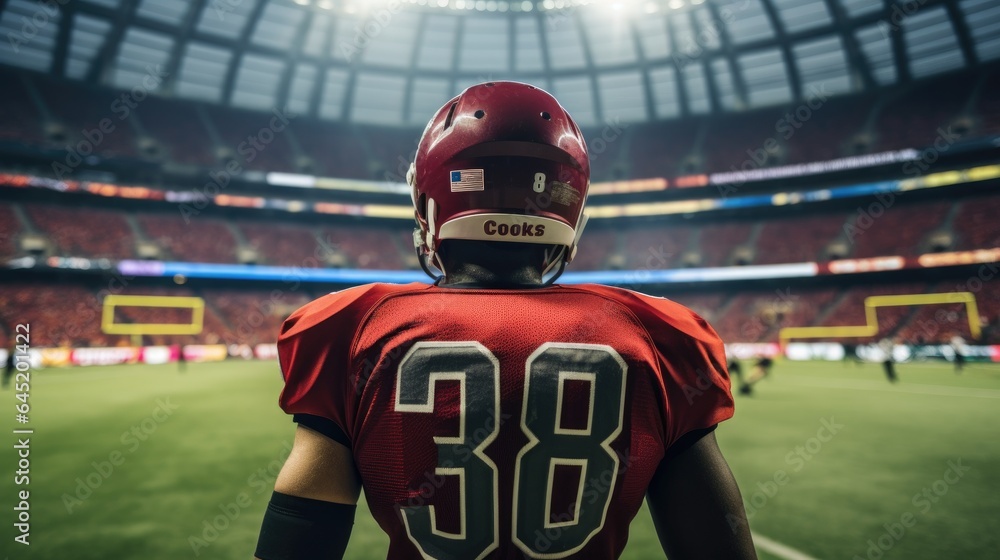 Back view of male American football player in a helmet at world cup in stadium. Generative AI Back view of male American football player in a helmet at world cup in stadium. Generative AI