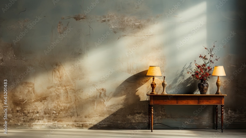 Obraz premium rough wall and old wooden floor in empty room with light shade, grunge wall.