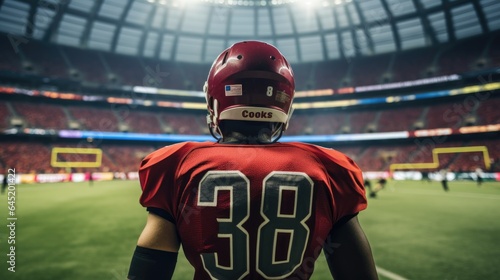 Back view of male American football player in a helmet at world cup in stadium. Generative AI