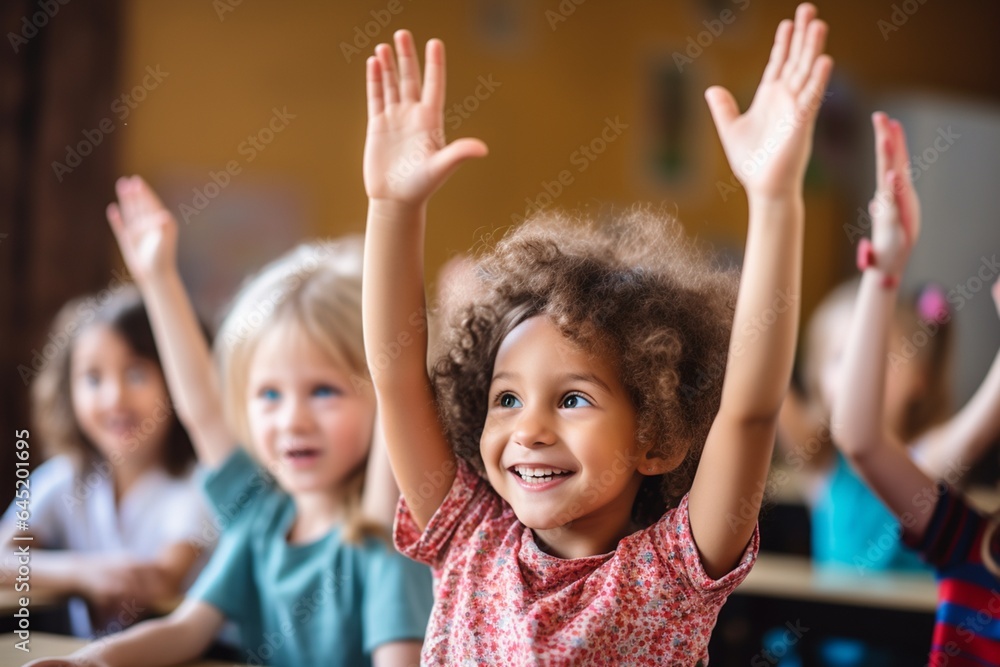 Group of children raising hands in classroom at school. Education and back to school concept Group of children raising hands in classroom at school. Education and back to school concept