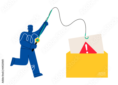 Man steals personal data with fishing rod. Email Spoofing or Fishing Messages. Colorful vector illustration