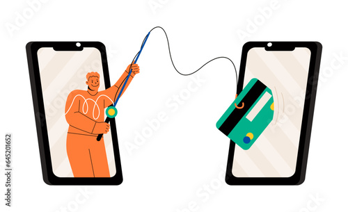Man steals credit card with fishing rod. Internet fraud and personal data security. Colorful vector illustration