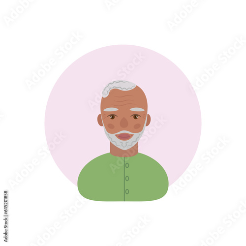 Grandfather. An old dark-skinned grandfather with gray hair and a disheveled beard. Grandfather s avatar in cartoon style. Vector illustration isolated on a white background
