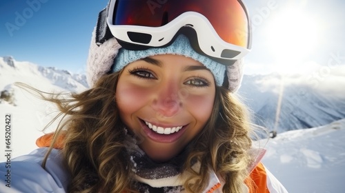Young woman snowboarder taking a selfie at mountain peak while snowboarding. Generative AI