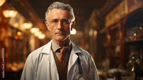 Old male doctor in a white coat in a hospital, medicine and healthcare concept