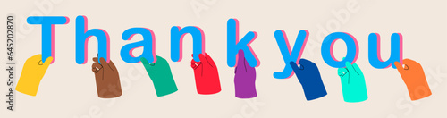 Human hands hold letters of inscription Thank you. Colorful vector illustration