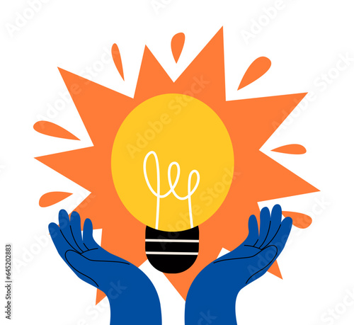 A big electric light bulb in his hands. Ideas, think outside the box, imagination, solution, and effort. Colorful vector illustration