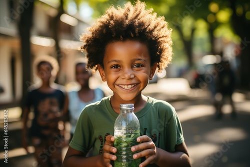 Extremely happy African boy with water bottle in hand © Kamonwan