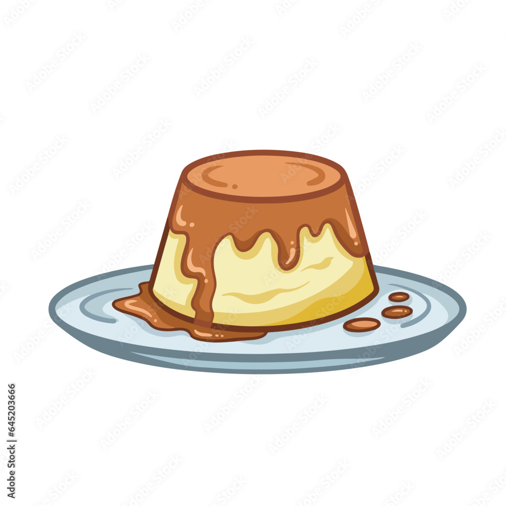 Colored outlined flan yellow pudding on top of plate with dripping brown sweet sauce or vla vector illustration isolated on square white background. Simple flat cartoon art styled food drawing. Colored outlined flan yellow pudding on top of plate with dripping brown sweet sauce or vla vector illustration isolated on square white background. Simple flat cartoon art styled food drawing.