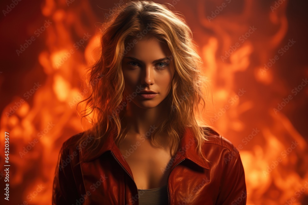 powerful woman against a fiery gradient, gazing steely and strong - Passion's Resilience - AI Generated powerful woman against a fiery gradient, gazing steely and strong - Passion's Resilience - AI Generated