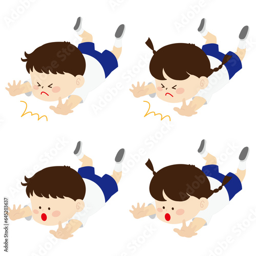 転んだ赤白帽子の子供達セットイラスト