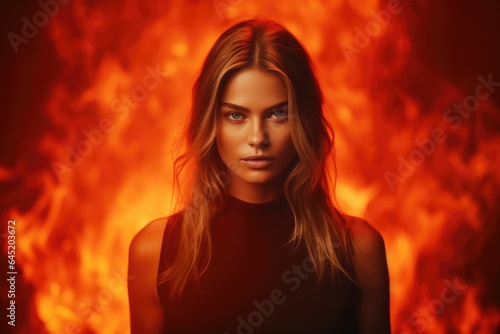 powerful woman against a fiery gradient, gazing steely and strong - Passion's Resilience - AI Generated