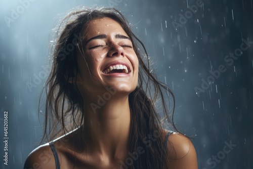 Woman Crying Tears of Joy against a Studio Background - Happiness and Emotional Release - AI Generated