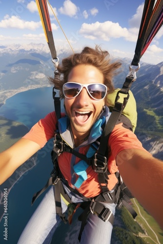 Young man paraglider taking a selfie while paragliding. Generative AI