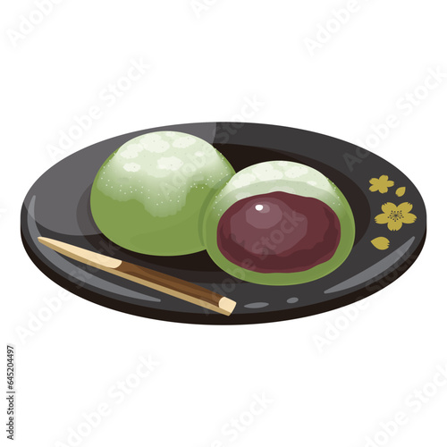 抹茶大福　こしあん　黒皿　断面