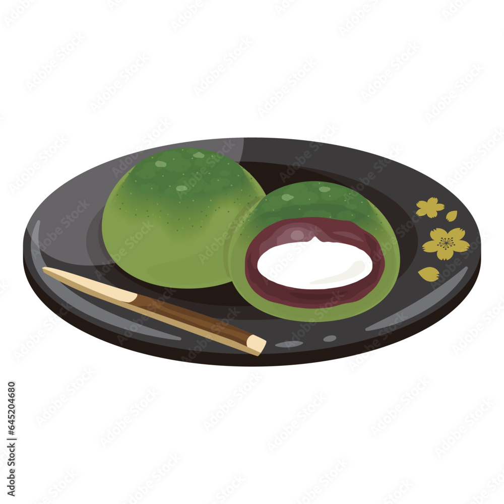クリーム抹茶大福 黒皿 断面 クリーム抹茶大福 黒皿 断面